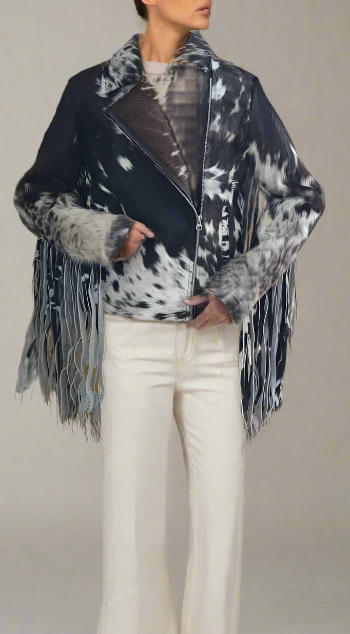 women wearing cow prin jacket with long fringes on sleeves  cow print jacket wintert leatehr jacket women