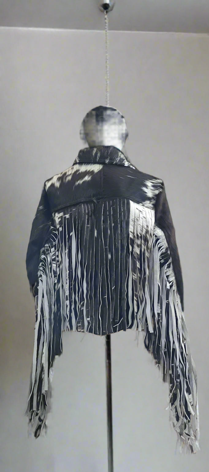 women wearing cow prin jacket with long fringes on sleeves  cow print jacket wintert leatehr jacket women