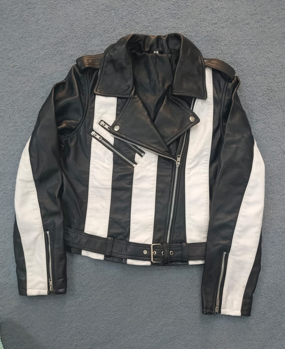 Women's Black and White Striped Leather Jacket
