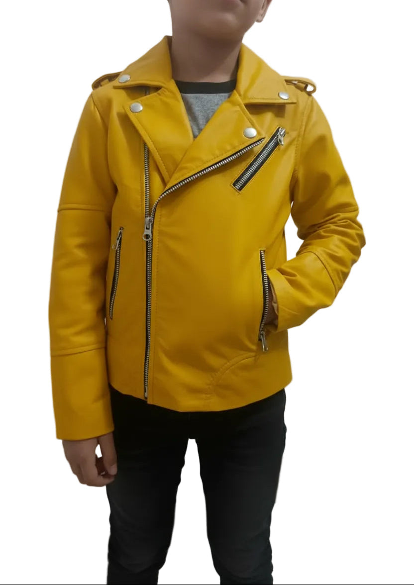 Child wearing a yellow jacket with zippers against a plain background