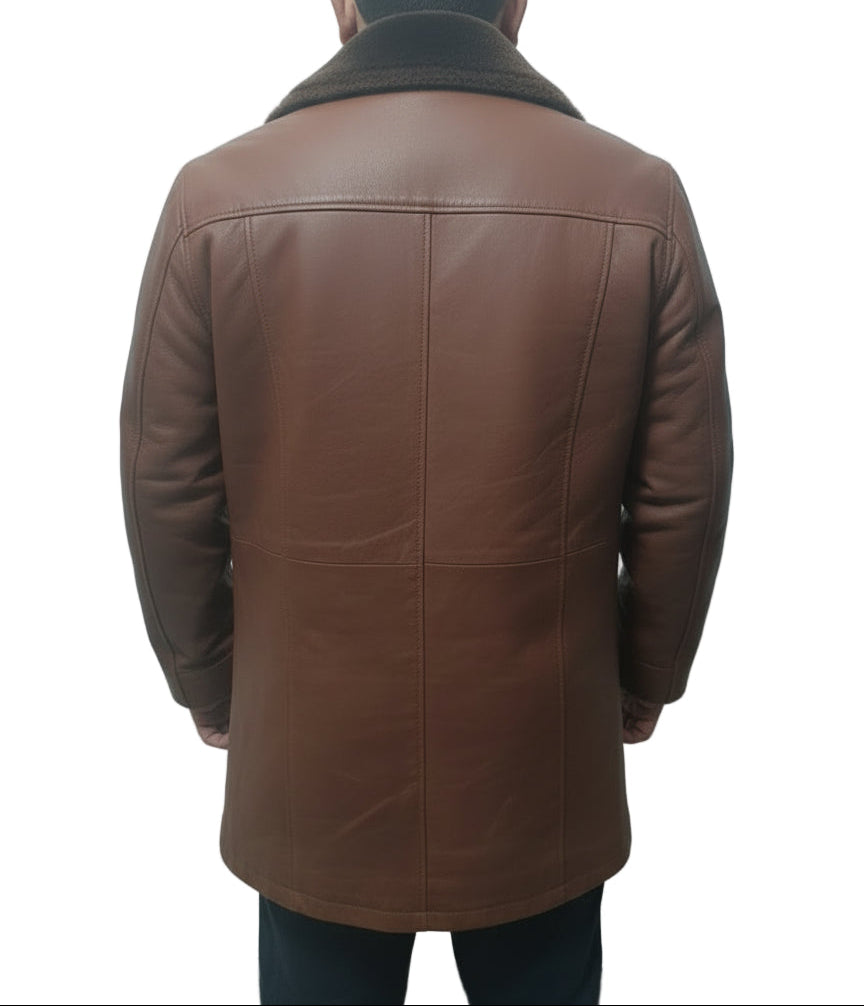 Brown leather coat worn by a person on a white background