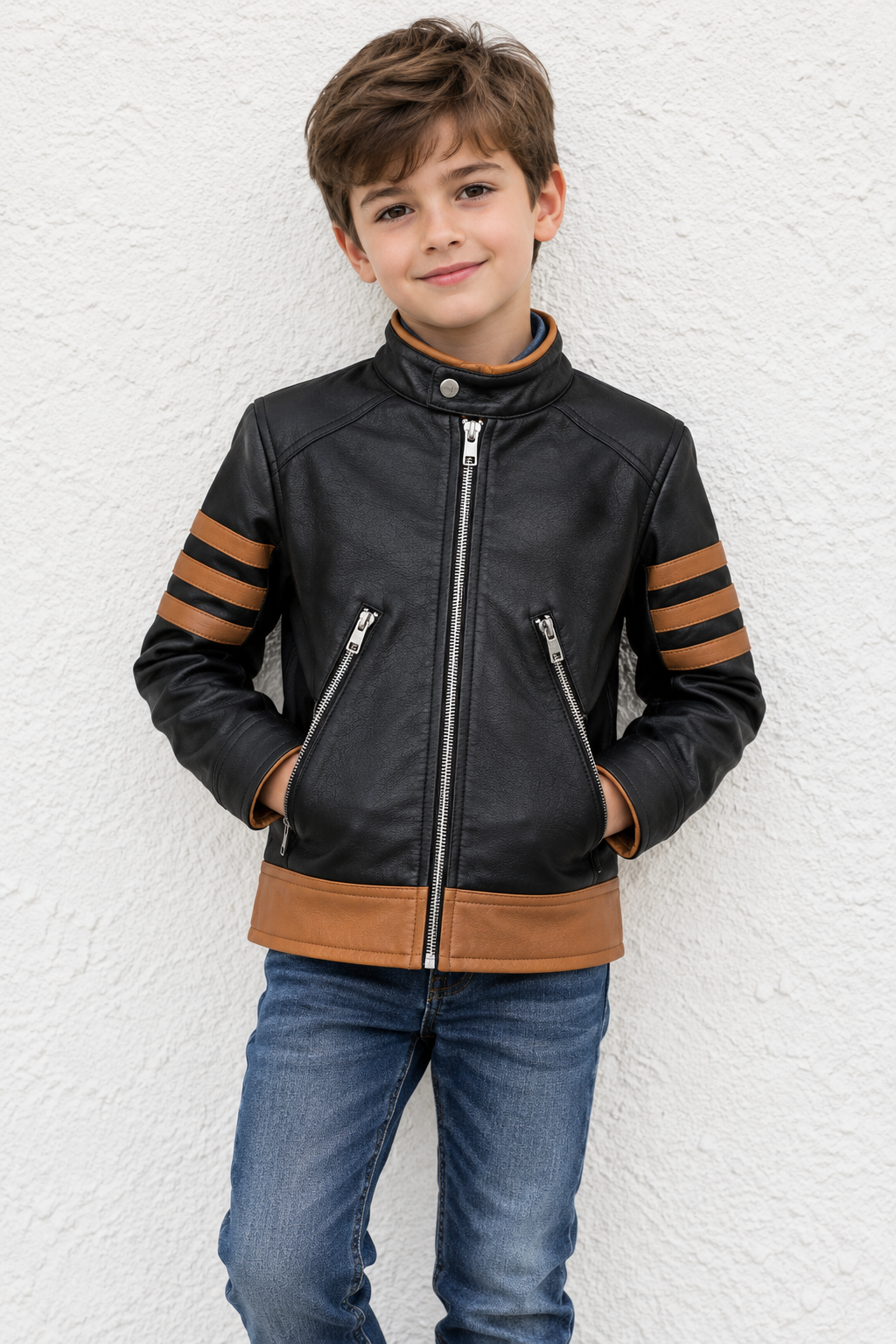 a kid wearing a black leather x man inspired leather jacket, standing against a white wall