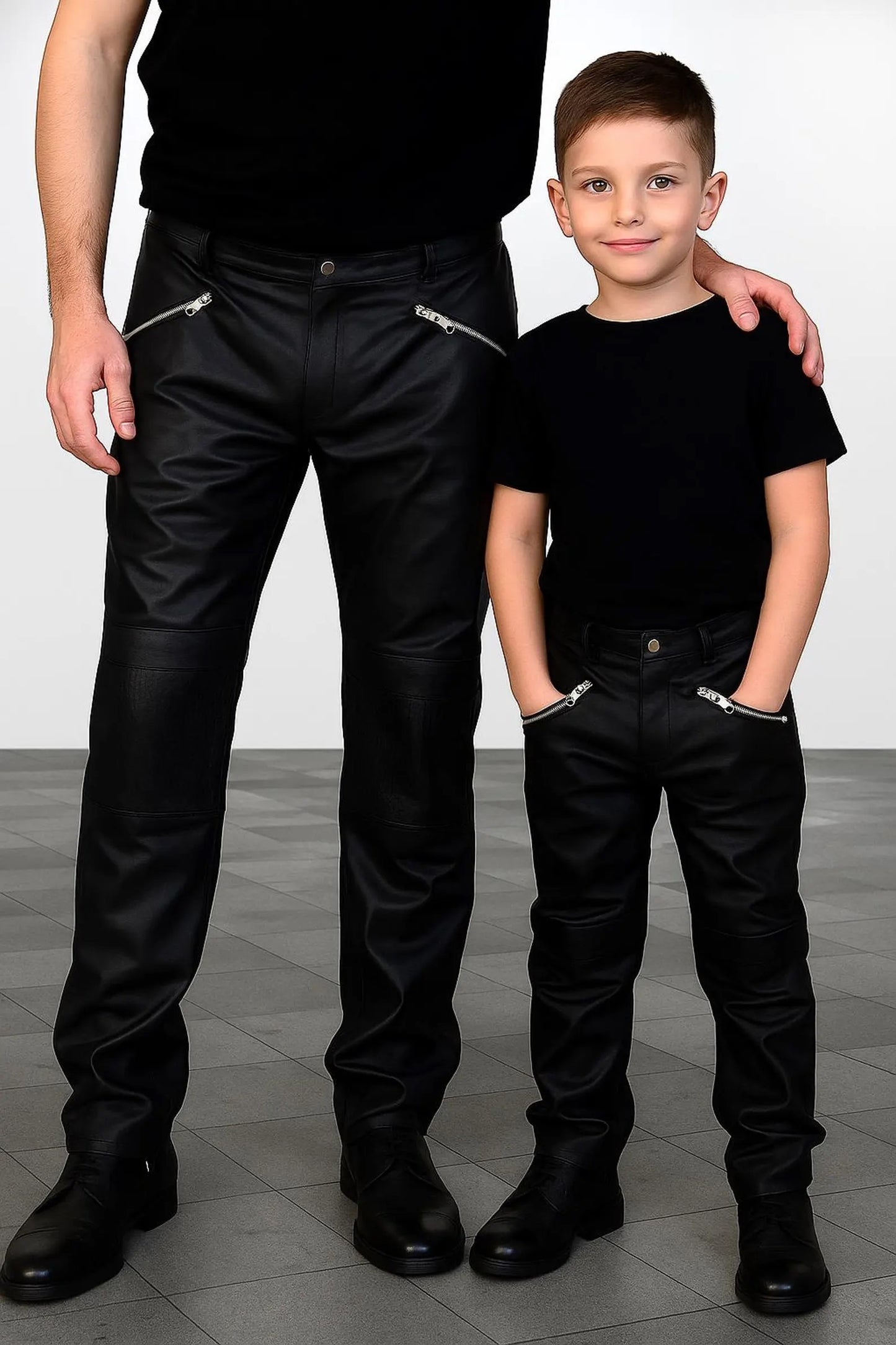Two people wearing black leather pants with zippers on a plain background