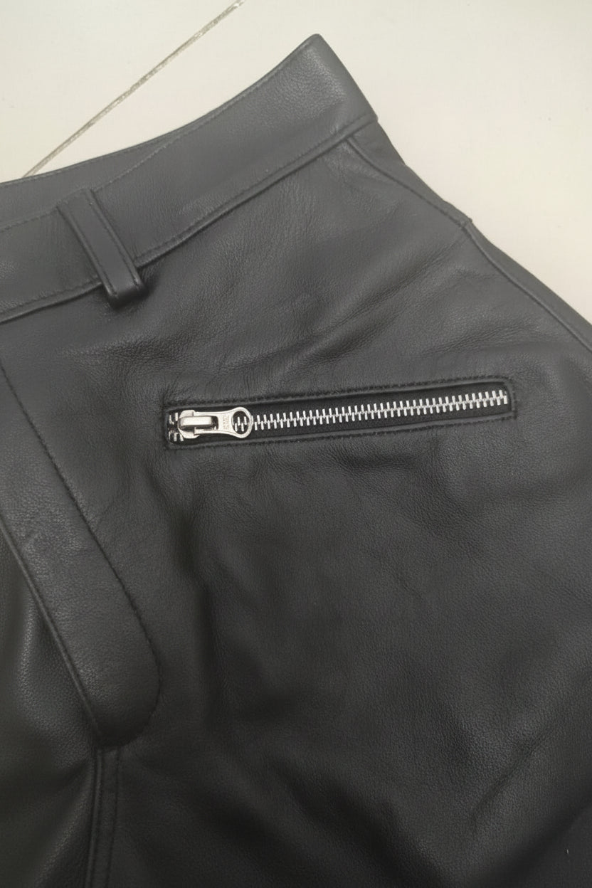 closeup of a black real leather pants on 