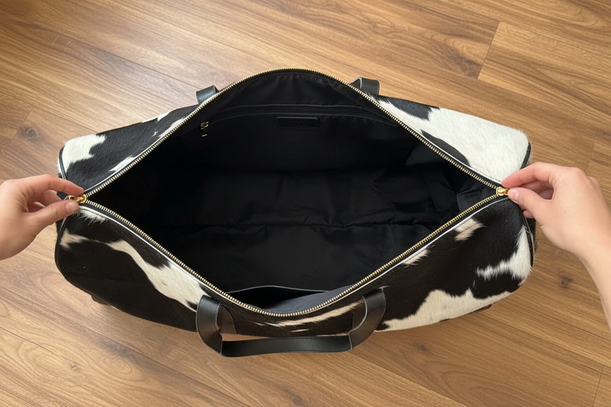 Black jacket with gold zipper held open by hands on a brown wooden pavement background