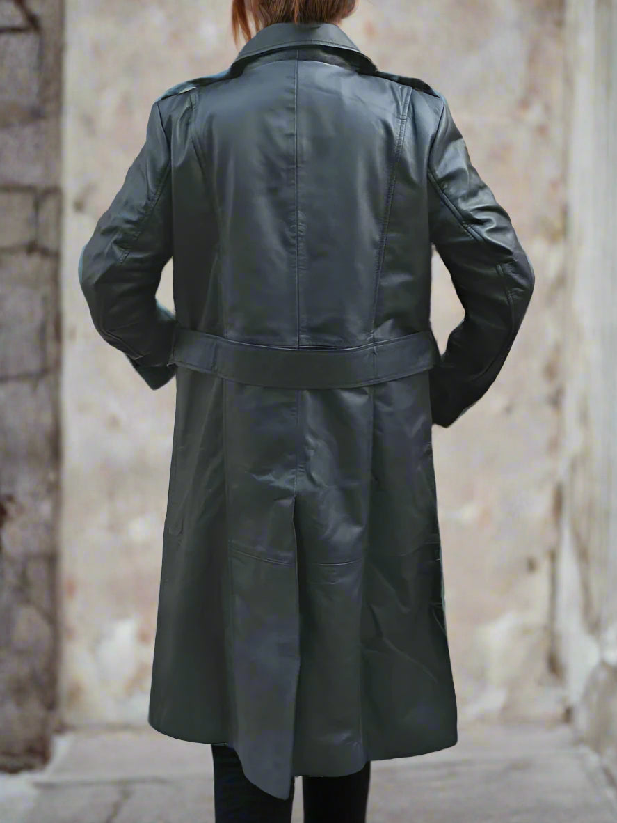 Women's Black Genuine Leather Trench Coat – Real Leather Motorcycle Style With Belt & Lining