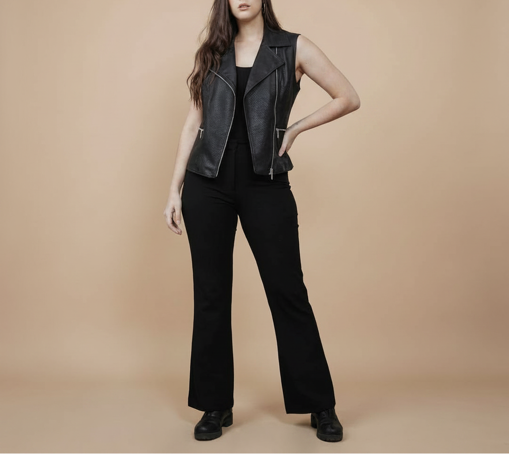 A woman modeling a black leather motorcycle vest over a black top and black wide-leg pants, standing against a solid Warm Light Beige / Stone